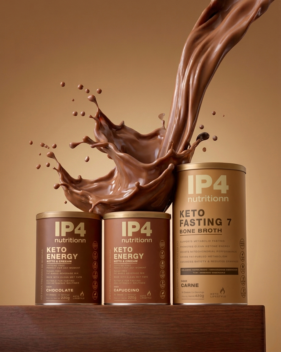 Linha IP4 nutritionn: Keto Energy Chocolate, Capuccino e Keto Fasting 7 Bone Broth
